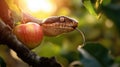serpent coiled on tree branch near red apple, illuminated by warm sunlight