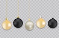 Set of realistic Christmas balls isolated on transparent background. Black, gray, gold matte elegant balls for design, mockup. Royalty Free Stock Photo