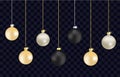 Set of realistic Christmas balls isolated on transparent background. Black, gray, gold matte elegant balls for design, mockup. Royalty Free Stock Photo