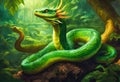 Serpentine Dragon. Dragon headed snake coiling in greenery of forest