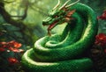 Serpentine Dragon. Dragon headed snake coiling in greenery of forest