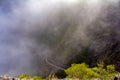 Serpentine roads with fog in the green Teno Mountains in Tenerife