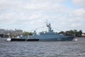 Russian small rocket ship Serpukhov in the waters of the Neva river. Saint-Petersburg, Russia