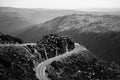 The Serra da Estrela in Portugal, a winding mountain road. Black and white photo. Royalty Free Stock Photo