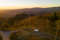 Serra da Freita drone aerial view of a camper van in Arouca Geopark at sunset, in Portugal Royalty Free Stock Photo