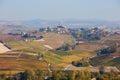 Serralunga d`Alba town on the hill surrounded by vineyards in Italy