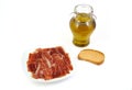 Serrano ham, bread and olive oil. Jabugo