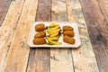 Serrano ham croquettes serving with homemade chips served as tapas Royalty Free Stock Photo