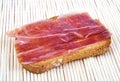 Serrano ham on toasted bread. Jabugo. Spanish tapa.