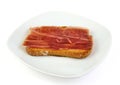 Serrano ham on toasted bread. Jabugo. Spanish tapa.
