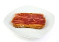 Serrano ham on toasted bread. Jabugo. Spanish tapa. Royalty Free Stock Photo
