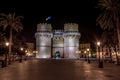 Serrano Towers (Torres de Serranos) at night. Towers are located on Plaza de los Fueros in Valencia, Spain Royalty Free Stock Photo