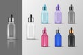 Serum bottle. Skin care dropper. Cosmetic perfume cup. Beauty product. Plastic or glass phials. Isolated packages set Royalty Free Stock Photo