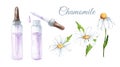 Serum with chamomile flower extract. Set of watercolor hand-drawn illustrations