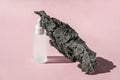 Serum cosmetic bottle mockup with bark tree on pink background, shadow from sun, natural light from windows. Transparent Royalty Free Stock Photo