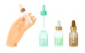 Serum drop bottles set, essential oil vial. Realistic aroma flask. Royalty Free Stock Photo