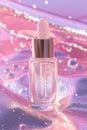 Serum dropper bottle with sparkling pink gel on glittery surface, perfect for beauty products, cosmetics marketing, or