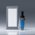 Serum glass bottle with blue liquid inside and with pipette and black shiny cap.