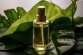 Serum phial poised amidst lush leaves, encapsulating nature\'s skincare essence