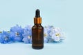 Serum in unbranded brown glass bottle with pipette and blue delphinium flower on blue background. Cosmetic bottle blank with