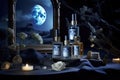 serums, creams and toners in moonlit setting