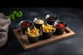 serve of french fries with variety of homemade sauces and spices