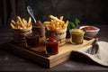 serve of french fries with variety of homemade sauces and spices