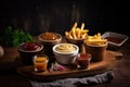 serve of french fries with variety of homemade sauces and spices