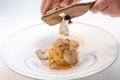 Serve the white truffle from Alba in Italy with a slicer on a plate of tagliolini-spaghetti with egg Royalty Free Stock Photo