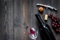 Serve wine. Bottle, glass, nuts and grape on wooden table background top view copyspace