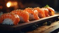 Served asian sushi rolls set close up. Japanese seafood restaurant. Fresh fish.