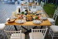 Served For Banquet Restaurant Table With Dishes, Snack, Wine Glasses Royalty Free Stock Photo