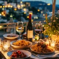 Served Dinner Table on Roof Terrace, Evening Food with Wine, Romantic Candles, Old Town View Royalty Free Stock Photo