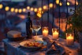 Served Dinner Table on Roof Terrace, Evening Food with Wine, Romantic Candles, Old Town View Royalty Free Stock Photo