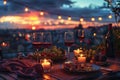 Served Dinner Table on Roof Terrace, Evening Food with Wine, Romantic Candles, Old Town View Royalty Free Stock Photo