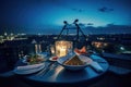 Served Dinner Table on Roof Terrace, Evening Food with Wine, Romantic Candles, Old Town View Royalty Free Stock Photo