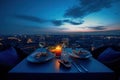 Served Dinner Table on Roof Terrace, Evening Food with Wine, Romantic Candles, Old Town View Royalty Free Stock Photo