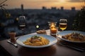 Served Dinner Table on Roof Terrace, Evening Food with Wine, Romantic Candles, Old Town View Royalty Free Stock Photo