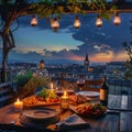Served Dinner Table on Roof Terrace, Evening Food with Wine, Romantic Candles, Old Town View Royalty Free Stock Photo