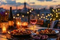 Served Dinner Table on Roof Terrace, Evening Food with Wine, Romantic Candles, Old Town View Royalty Free Stock Photo