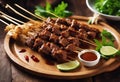 Served Eid Sate Adha Satay Menu Raw Sapi Beef plate wooden