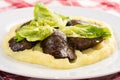 Served fried Chicken Liver with Mashed Potatoes and Lettuce