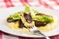 Served fried Chicken Liver with Mashed Potatoes and Lettuce