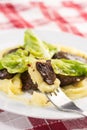 Served fried Chicken Liver with Mashed Potatoes and Lettuce