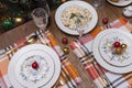 served holiday table, plates, Cutlery, napkins, salad, Christmas