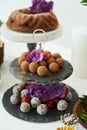 Served homemade chocolate pralines on catering dessert table, close-up