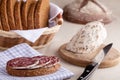 Served kitchen table, sandwich, salami, bread Royalty Free Stock Photo