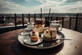 Served Lunch Table on Roof Terrace, Lunchtime Food with Cakes, Romantic Old Town View