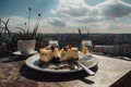 Served Lunch Table on Roof Terrace, Lunchtime Food with Cakes, Romantic Old Town View