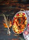 Served roasted Thanksgiving Turkey with vegetables on wooden background Royalty Free Stock Photo